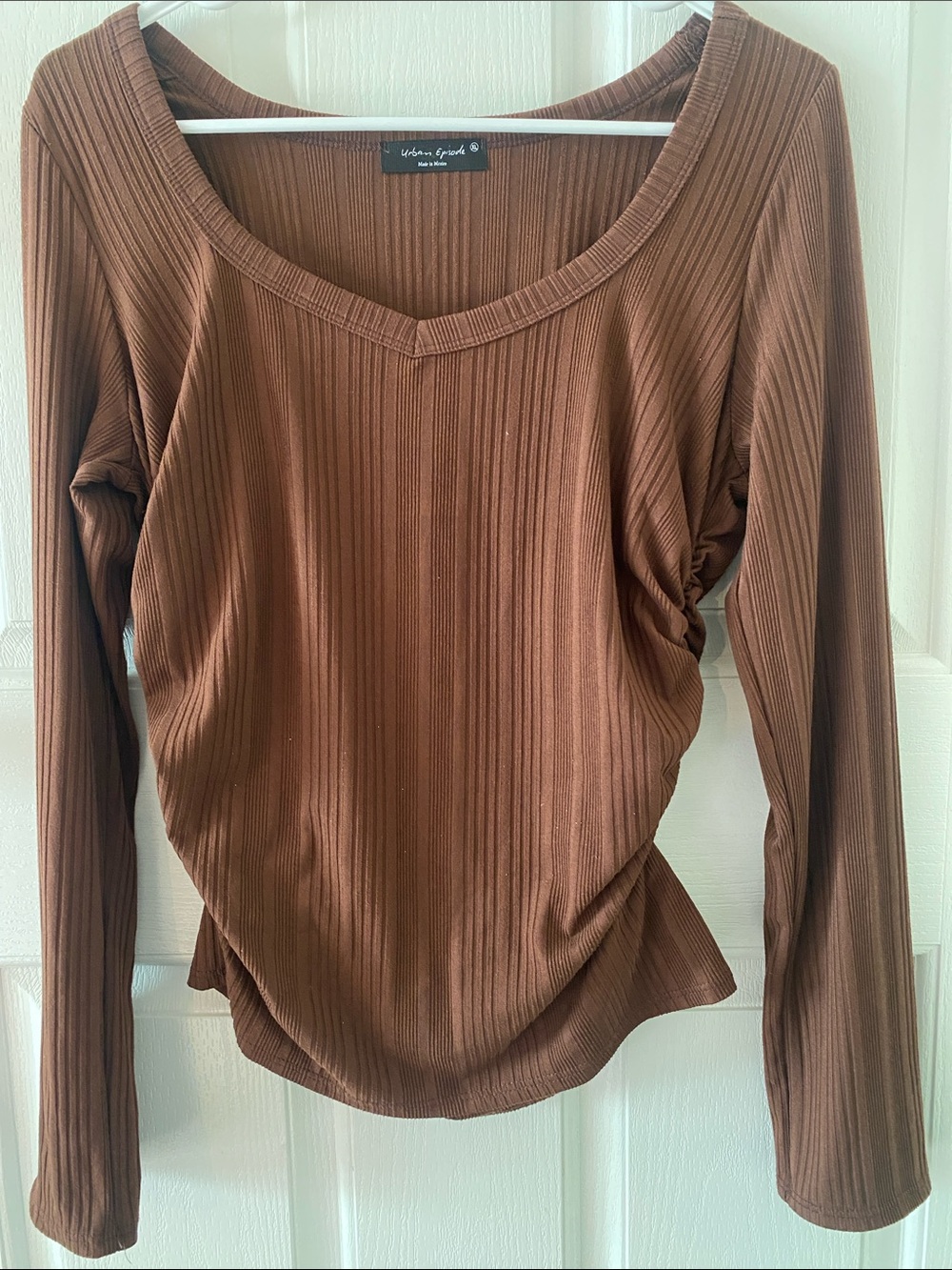 Urban Episode Ribbed Long Sleeve Scoop Neck Top - Brown